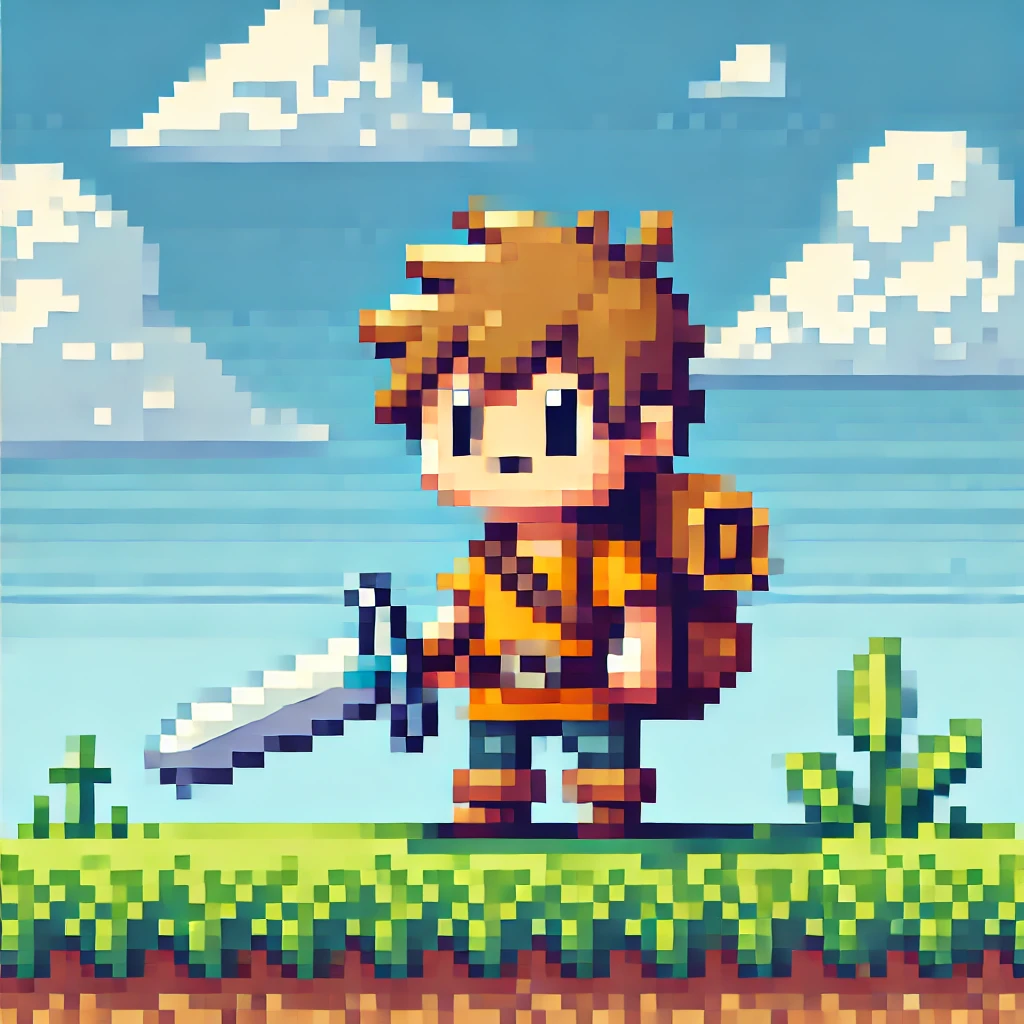 A colorful pixel art landscape featuring a peaceful village. The scene includes small houses, lush trees, and a gently flowing river, evoking a nostalgic RPG game world."