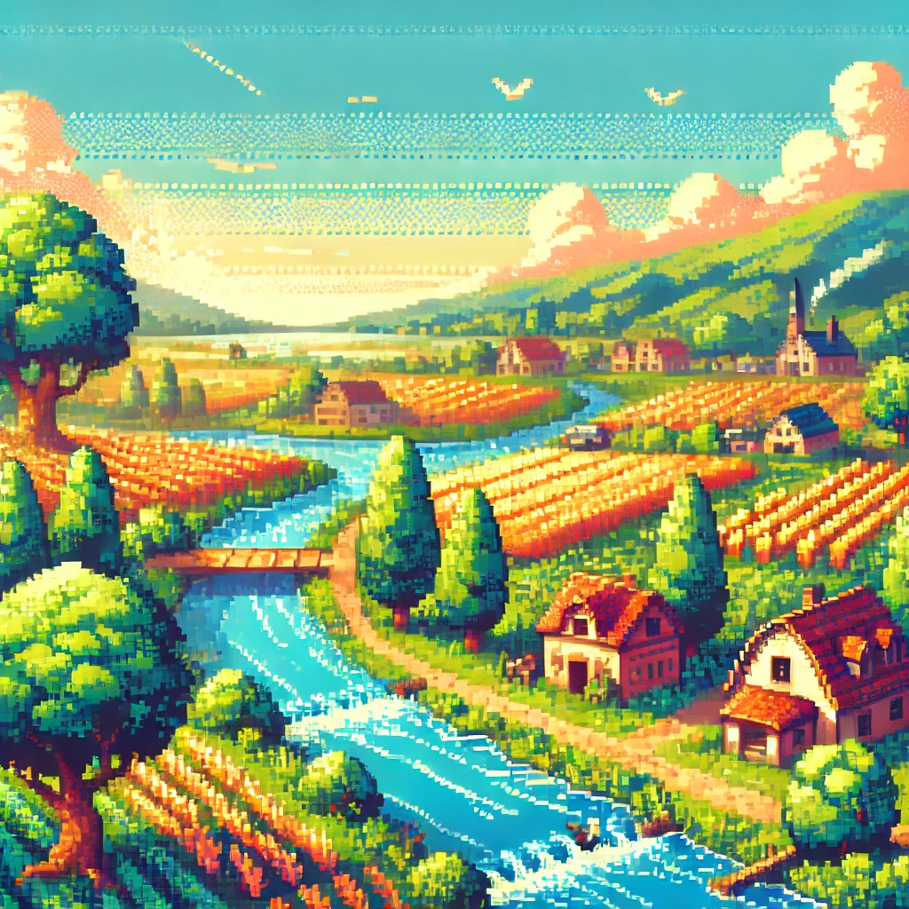 Pixel art village with tiny houses, trees, and a flowing river."
