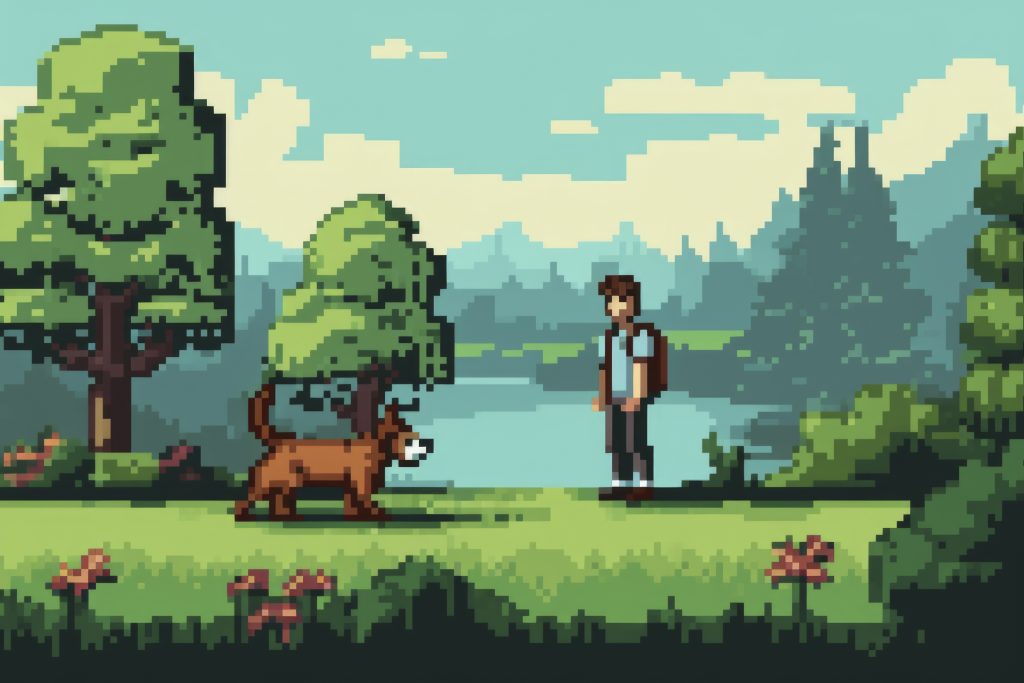 Pixel art fox sitting in a forest clearing, surrounded by trees and mushroom
