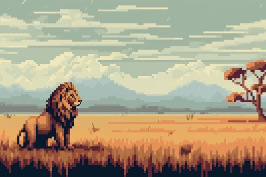 Pixel art fox sitting in a forest clearing, surrounded by trees and mushroom
